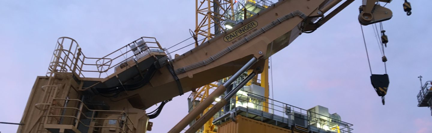 A large yellow Palfinger crane with an extended articulated arm stands at a construction site during dusk, illuminated by work lights, with buildings visible in the background.