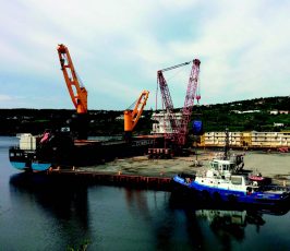A large cargo ship is docked at a port with two orange cranes unloading materials. A blue and white tugboat is moored nearby. Shipping containers and industrial equipment are on the dock, with hills in the background.