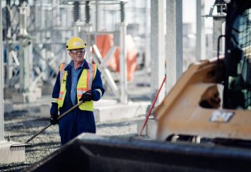 A construction worker wearing a hard hat, safety glasses, and a reflective vest uses a rake at an industrial site with metal structures and equipment visible in the background.