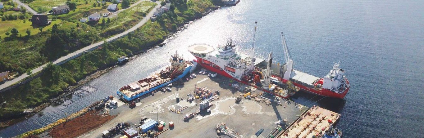 Aerial view of a coastal port with two large cargo ships docked, surrounded by industrial materials, cranes, and buildings, with a hilly green landscape and scattered houses in the background near the water.