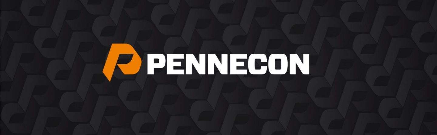 The image features the word "PENNECON" in bold white text, with an orange stylized "P" logo to the left, set against a dark background patterned with a repeated "P" design.