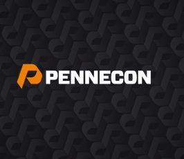 The image features the word "PENNECON" in bold white text, with an orange stylized "P" logo to the left, set against a dark background patterned with a repeated "P" design.