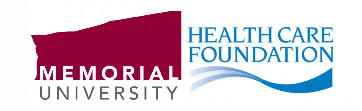 Logos of Memorial University on the left in maroon and gray, and Health Care Foundation on the right in blue with a wavy line design.