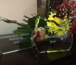 Two glass awards labeled "COMMUNITY IMPACT PARADISE 2018" and "INNOVATION 2018" sit side by side in front of a bouquet of yellow, red, and white flowers.