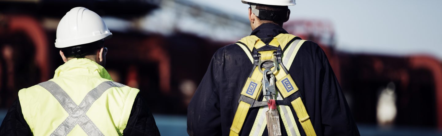 Two workers wearing safety vests, harnesses, and white hard hats are seen from behind, standing outdoors at an industrial site with blurred equipment in the background.