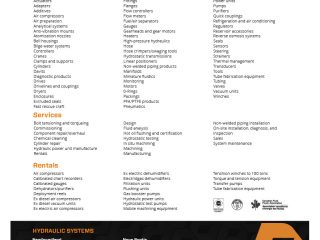 A catalog page for Hydraulic Systems listing products, services, and rentals offered. Contact information and website details appear at the bottom. The background is white with black and orange text.