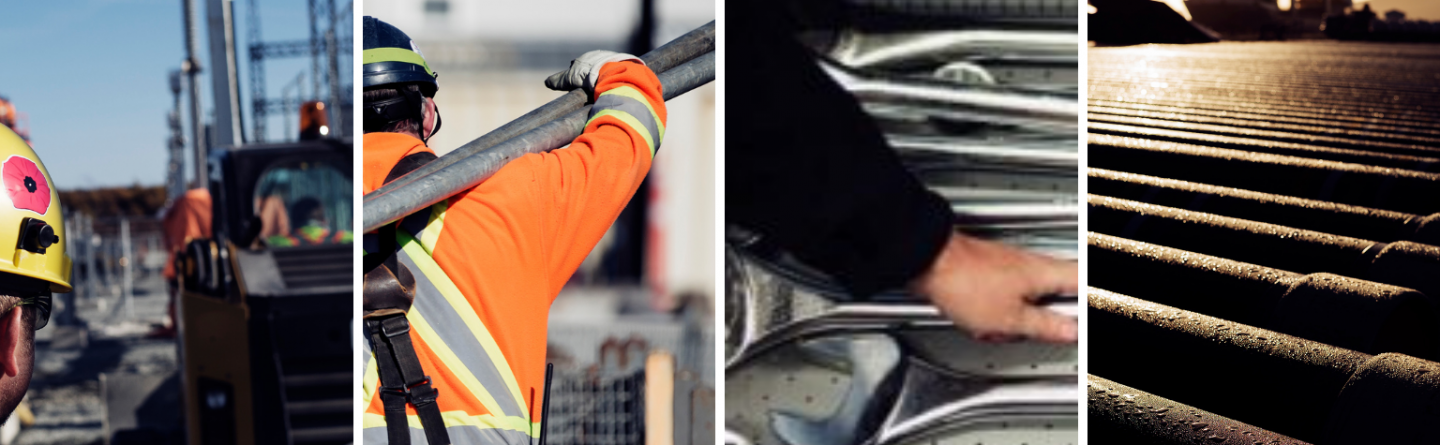 A split image showing construction workers with pipes, a person handling metal wrenches, and an industrial port with stacked pipes at sunset.