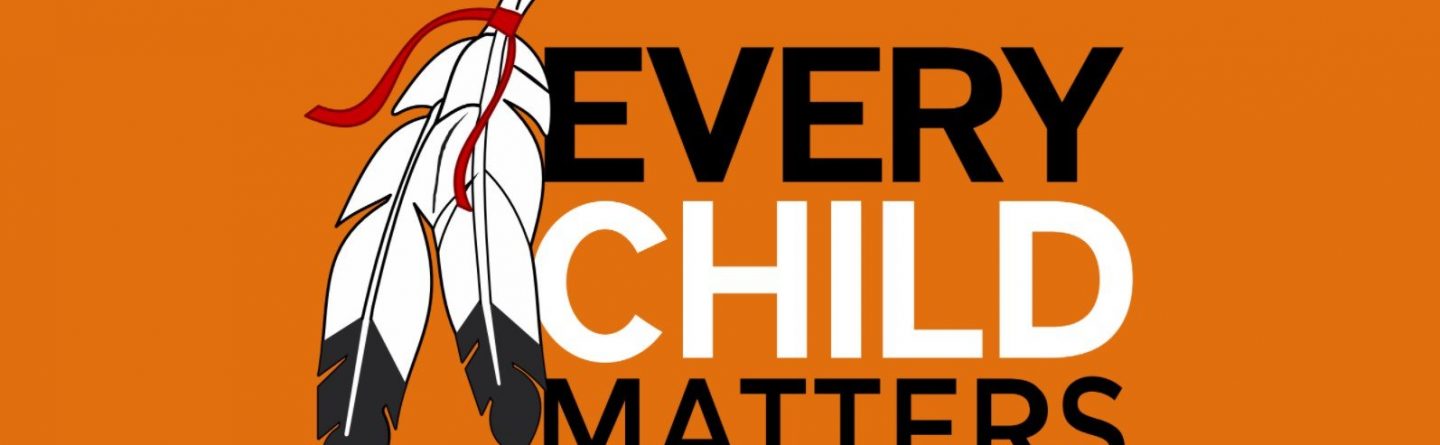 Orange background with two white and black feathers tied with a red ribbon, next to bold text reading "Every Child Matters"; part of Orange Shirt Day, honoring Indigenous children.