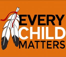 Orange background with two white and black feathers tied with a red ribbon, next to bold text reading "Every Child Matters"; part of Orange Shirt Day, honoring Indigenous children.