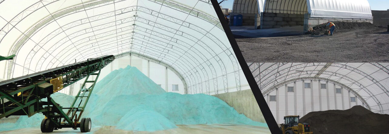 A large fabric-covered storage facility filled with salt piles and machinery inside, with two smaller images showing similar storage buildings and construction equipment working outside.
