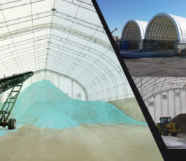 A large fabric-covered storage facility filled with salt piles and machinery inside, with two smaller images showing similar storage buildings and construction equipment working outside.