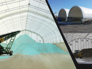 A large fabric-covered storage facility filled with salt piles and machinery inside, with two smaller images showing similar storage buildings and construction equipment working outside.