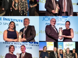 A collage of six photos showing people dressed in formal attire at an awards event, smiling and holding trophies on stage, with banners and logos visible in the background.