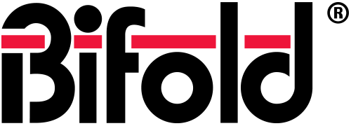 Logo for "Bifold" with bold black letters; the "B" and "d" have a thick red horizontal line cutting through the middle, and a registered trademark symbol appears in the top right corner.