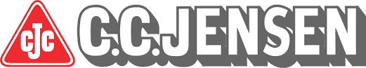 Logo featuring a red triangle with white lowercase letters "cjc" followed by bold gray text "C.C. JENSEN" on a white background.