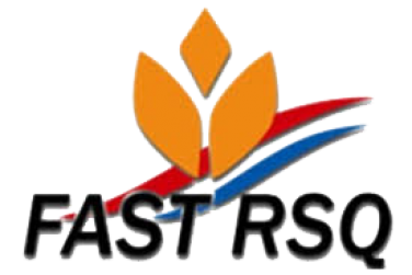 Logo with three orange leaf shapes above two swooshes, one red and one blue, with the text "FAST RSQ" in bold black letters below the design.