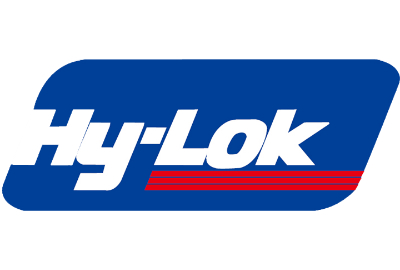 The Hy-Lok logo features the brand name in white, bold italic letters on a blue background with three red horizontal lines underneath "Lok.