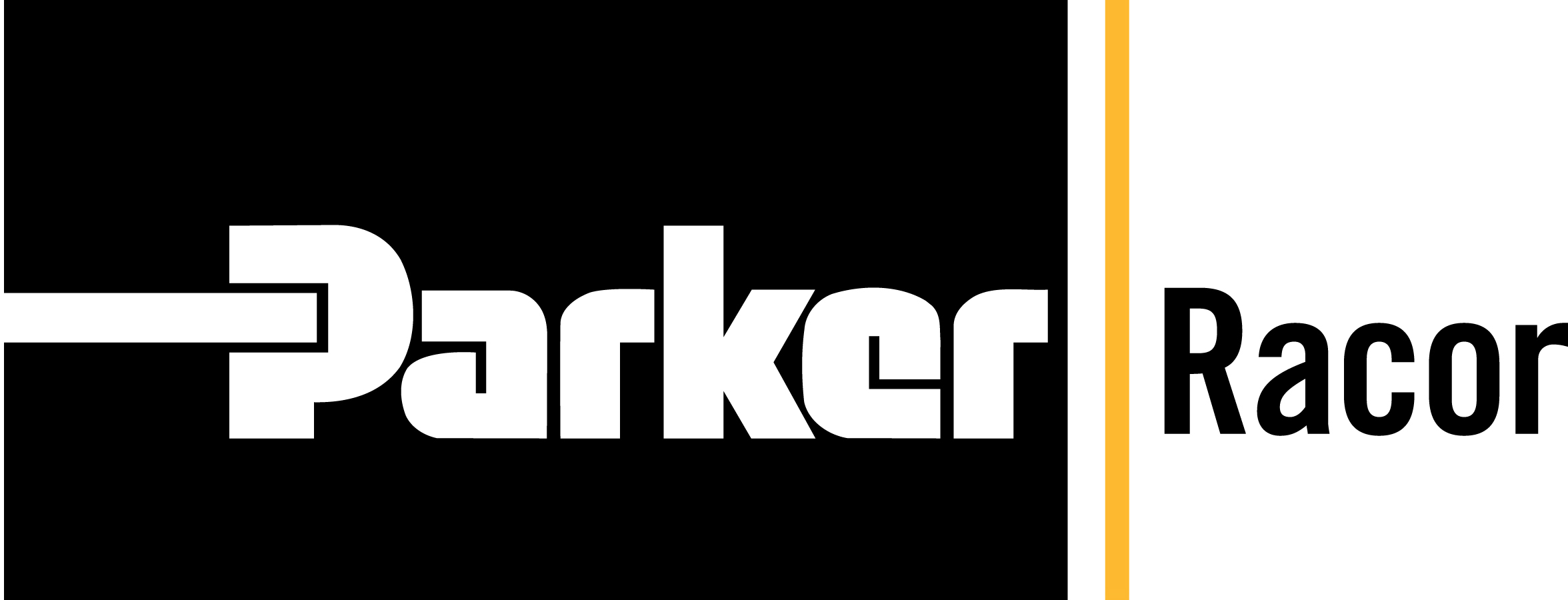 Parker Racor logo with "Parker" in bold white letters on a black background and "Racor" in black letters on a white background, separated by a vertical gold line.