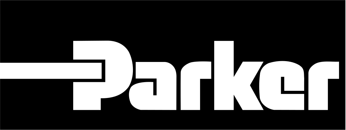 White "Parker" logo with a horizontal line extending left from the "P" on a solid black background.