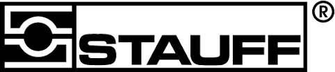 STAUFF logo featuring bold, black uppercase letters "STAUFF" over a white background, with a stylized geometric design on the left and a registered trademark symbol (®) on the upper right.