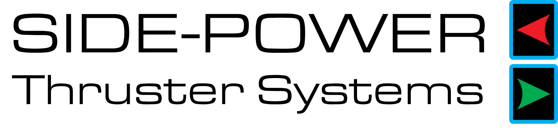 The image features the text "SIDE-POWER Thruster Systems" alongside two rectangular icons: one with a red arrow pointing right and one with a green arrow pointing left.