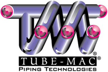 Logo with stylized metallic "TM" letters intertwined and accented with pink spheres, above the words "TUBE-MAC PIPING TECHNOLOGIES" in black and white text.
