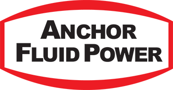 Logo with the words "Anchor Fluid Power" in bold black letters, centered inside a white hexagon outlined by a thick red border.