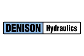 Logo for Denison Hydraulics. The word "DENISON" is in bold black letters on a blue background, and "Hydraulics" is in black letters on a white background. Both words are inside a rectangular border.