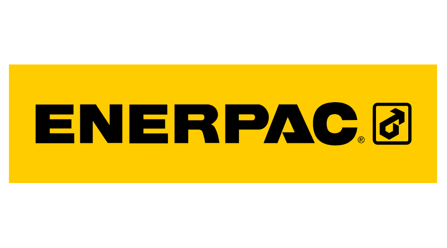 The Enerpac logo features bold black letters spelling "ENERPAC" on a yellow background, with a square icon containing a stylized arrow symbol to the right of the text.