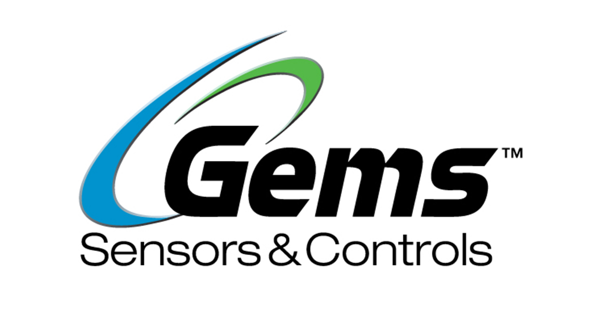 Gems Sensors & Controls logo with stylized blue and green swooshes surrounding the word "Gems" in bold black text, and "Sensors & Controls" written below in smaller black font.