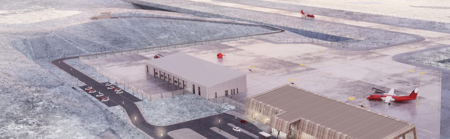 A snowy airport scene with planes on the tarmac, two modern buildings, a parking lot with cars, and a runway stretching into the distance toward misty mountains.