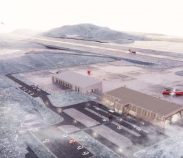 A snowy airport scene with planes on the tarmac, two modern buildings, a parking lot with cars, and a runway stretching into the distance toward misty mountains.
