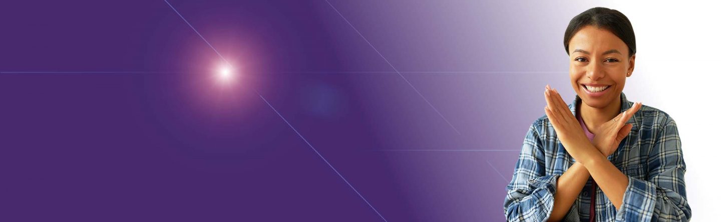 A smiling woman in a plaid shirt stands on the right, crossing her arms in front of her to make an "X" gesture. The background is a gradient of purple with a glowing light effect on the left.