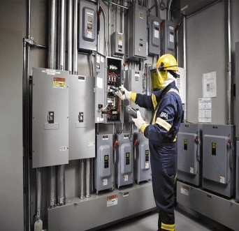 A worker in protective gear and helmet operates electrical control panels in an industrial setting, surrounded by various gray electrical boxes and conduit pipes mounted on the walls.