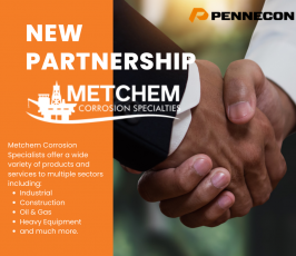Two people in business attire shake hands. The image features the logos of Pennecon and Metchem Corrosion Specialists, with text announcing a new partnership and listing industries they serve, such as industrial, construction, oil & gas, and more.