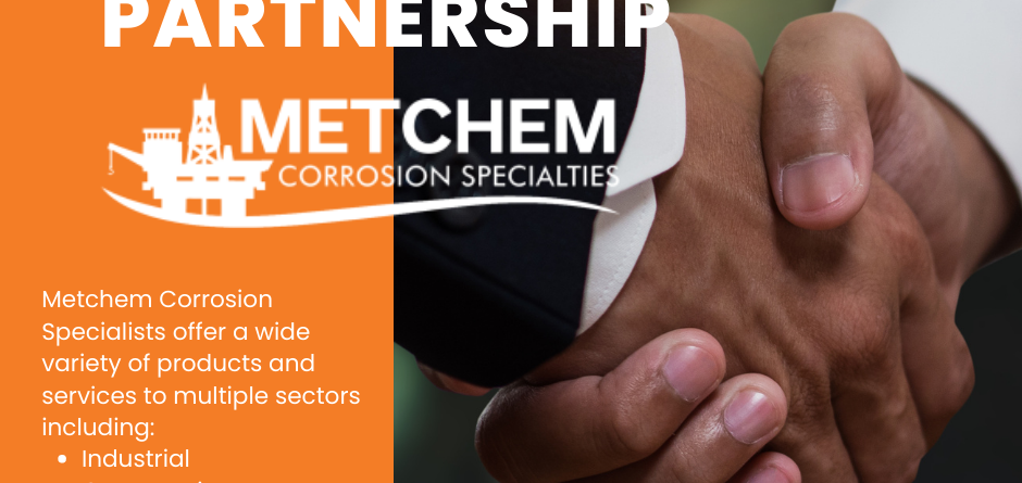 Two people in business attire shake hands. The image features the logos of Pennecon and Metchem Corrosion Specialists, with text announcing a new partnership and listing industries they serve, such as industrial, construction, oil & gas, and more.