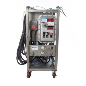 The E16V HPU Flushing Equipment is a metal industrial control panel on wheels with cables, a pressure gauge, buttons, switches, and a red emergency stop button, shown on a white background.