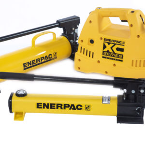 Three yellow Enerpac Hydraulic Pumps are displayed on a white background: a compact handheld model, a larger lever-operated pump, and a portable electric hydraulic pump.