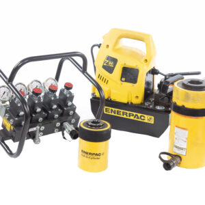 A set of yellow and black Enerpac hydraulic tools, including a pump, two hydraulic cylinders, and a manifold with pressure gauges, arranged on a white background.