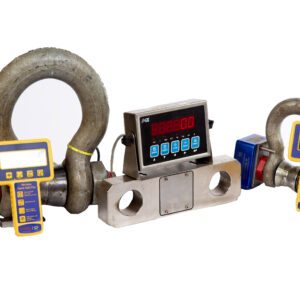 Two large metal Load Monitoring Equipment shackles with digital displays and blue parts are linked to a central electronic control unit featuring a red LED screen, all set against a white background.