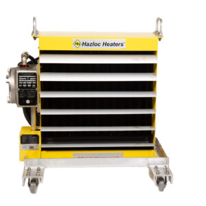 A yellow Portable EX Heaters (2) unit with horizontal white vents and metal caster wheels, designed for mobile heating in hazardous locations.