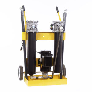 The Portable Filter Carts are yellow industrial filtration machines with two vertical black cylinders, metal fittings, a central motor, top handles, and a wheeled base for easy mobility.