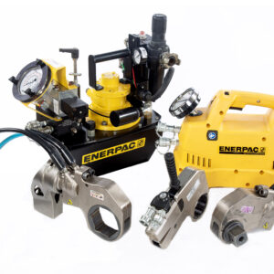Torque Bolting Equipment set includes two Enerpac hydraulic torque wrenches with hoses, a black and yellow hydraulic pump, a yellow electric pump, and assorted connectors and gauges displayed on a white background.