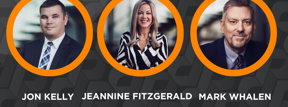 Three new vice presidents at Pennecon are introduced: Jon Kelly, Jeannine Fitzgerald, and Mark Whalen, each pictured in a circular frame with their name, title, and the Pennecon logo at the bottom.