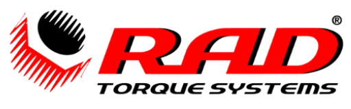 RAD Torque Systems logo featuring a stylized black and red graphic on the left and bold red "RAD" text with "TORQUE SYSTEMS" in smaller black letters underneath on a light background.