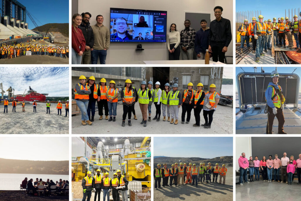 Collage of images with works in different locations standing together wearing PPE.